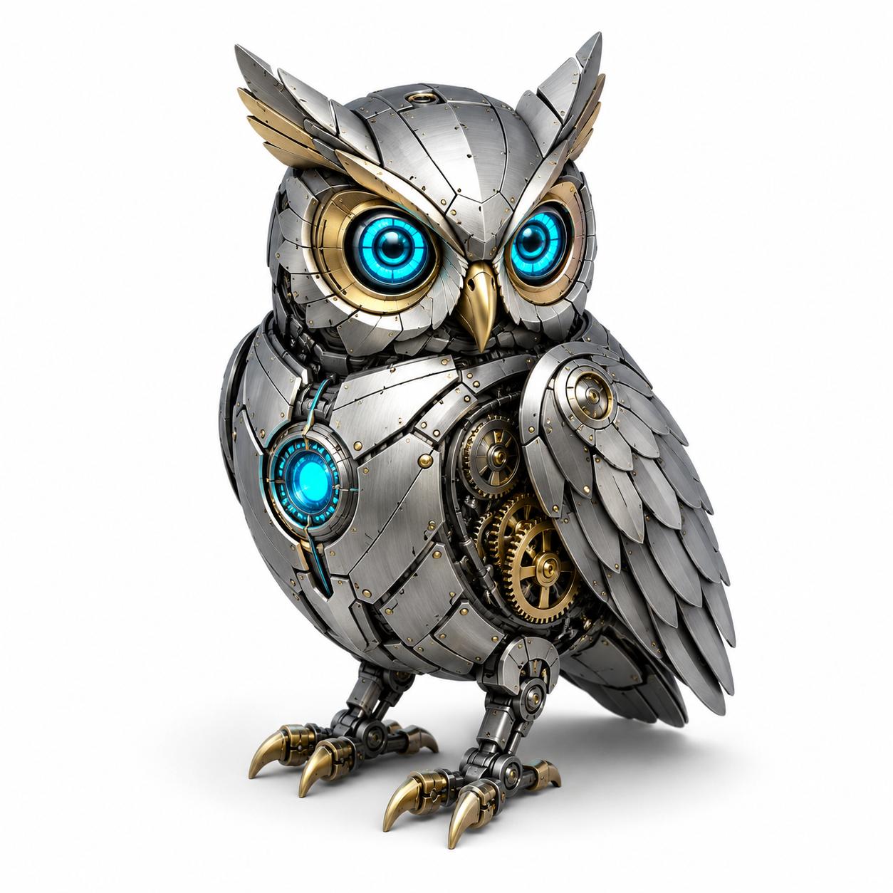 A silver-and-brass mechanical owl with glowing blue eyes, exposed gears, and gold talons.